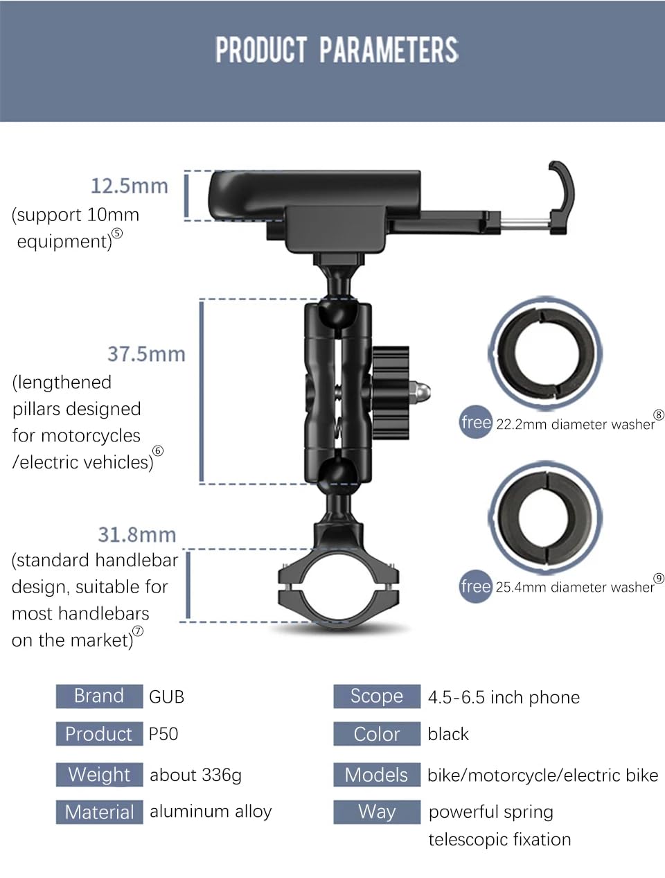 GUB P50 Bicycle & Motorcycle Universal Bike Handlebar Phone Mount Holder Adjustable Phone Mount