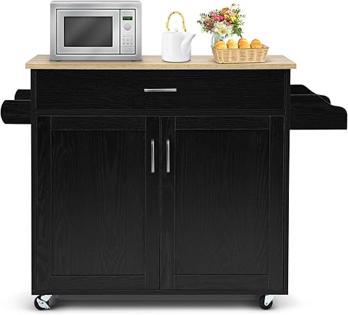 HAPPYGRILL Carrito con ruedas para isla de cocina, carrito de almacenamiento de cocina con estante ajustable, cajón, estante para especias, toallero