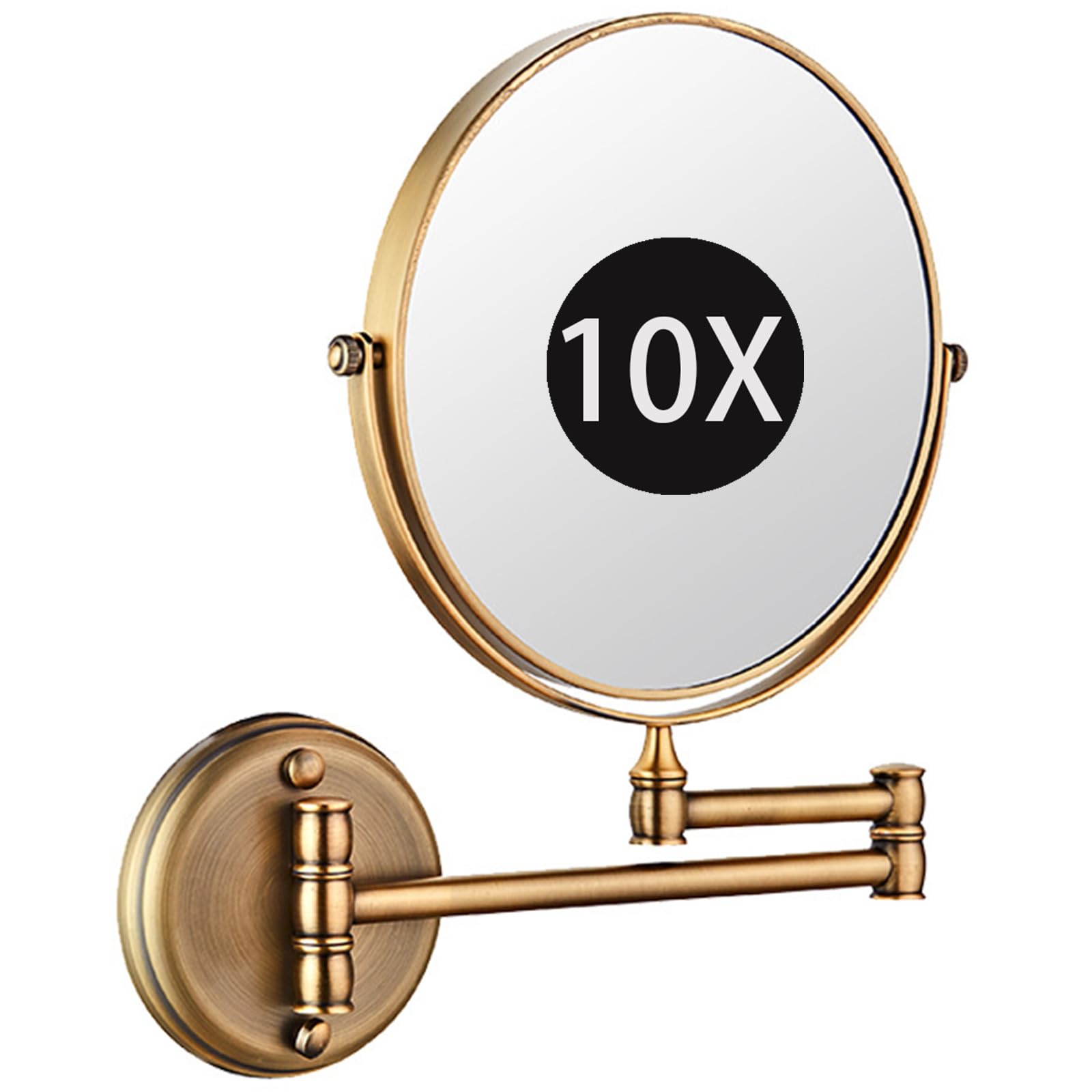 SXFSDOU 8" Wall Mounted Makeup Mirror with Magnification, Double Sided Magnifying Mirror, Rotatable Extendable Bathroom Shaving Vanity Mirror,Brass,10X