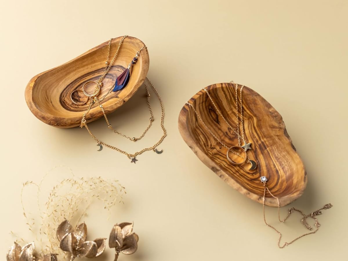 Olive Wood Rustic Mini Bowls Set, Oval Decorative Bowls for Keys and Jewelry, 5" and 6