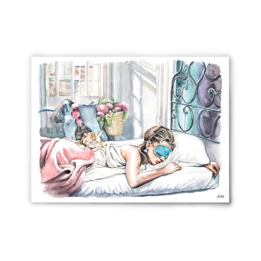 Audrey Hepburn Sleeping Wall Art Prints Breakfast at Tiffany Print Wall Decor Artwork Bedroom Living Room Wall Art Illustration Audrey Hepburn With Cat (NO FRAME, NO CANVAS) 8"x10"