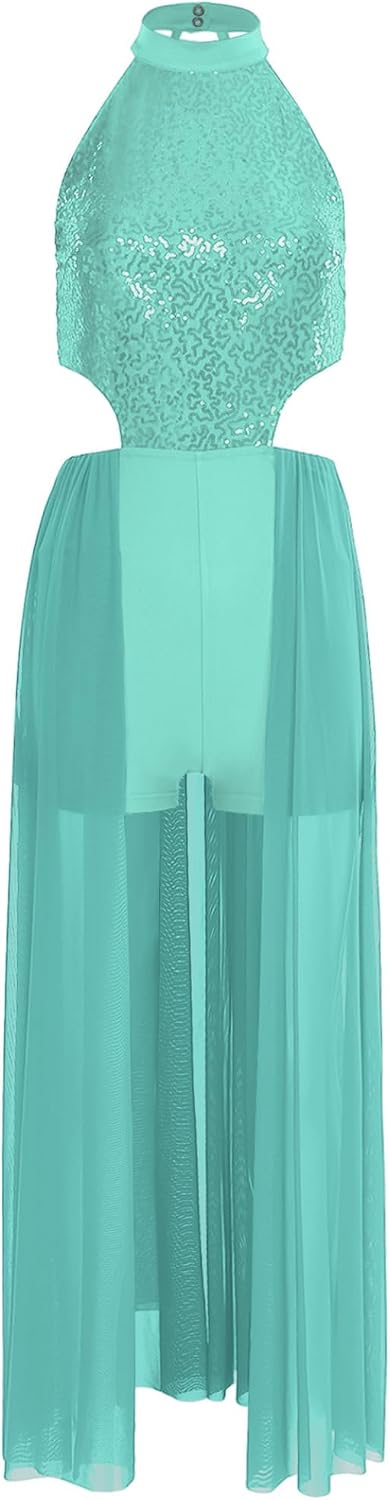 Women Lyrical Dance Costume Sequined Leotard Mesh Tulle Dress Modern Contemporary Dancewear