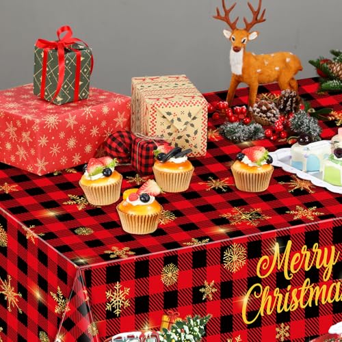 Tiamon 3 Pack Christmas Red Truck Tablecloths Decor Plastic Xmas Party Table Covers Retro Merry Christmas Tree Farm Print Party Supplies Xmas Winter Holiday B'day Party Decor, 54''x108'' (Plaid) – Image 6