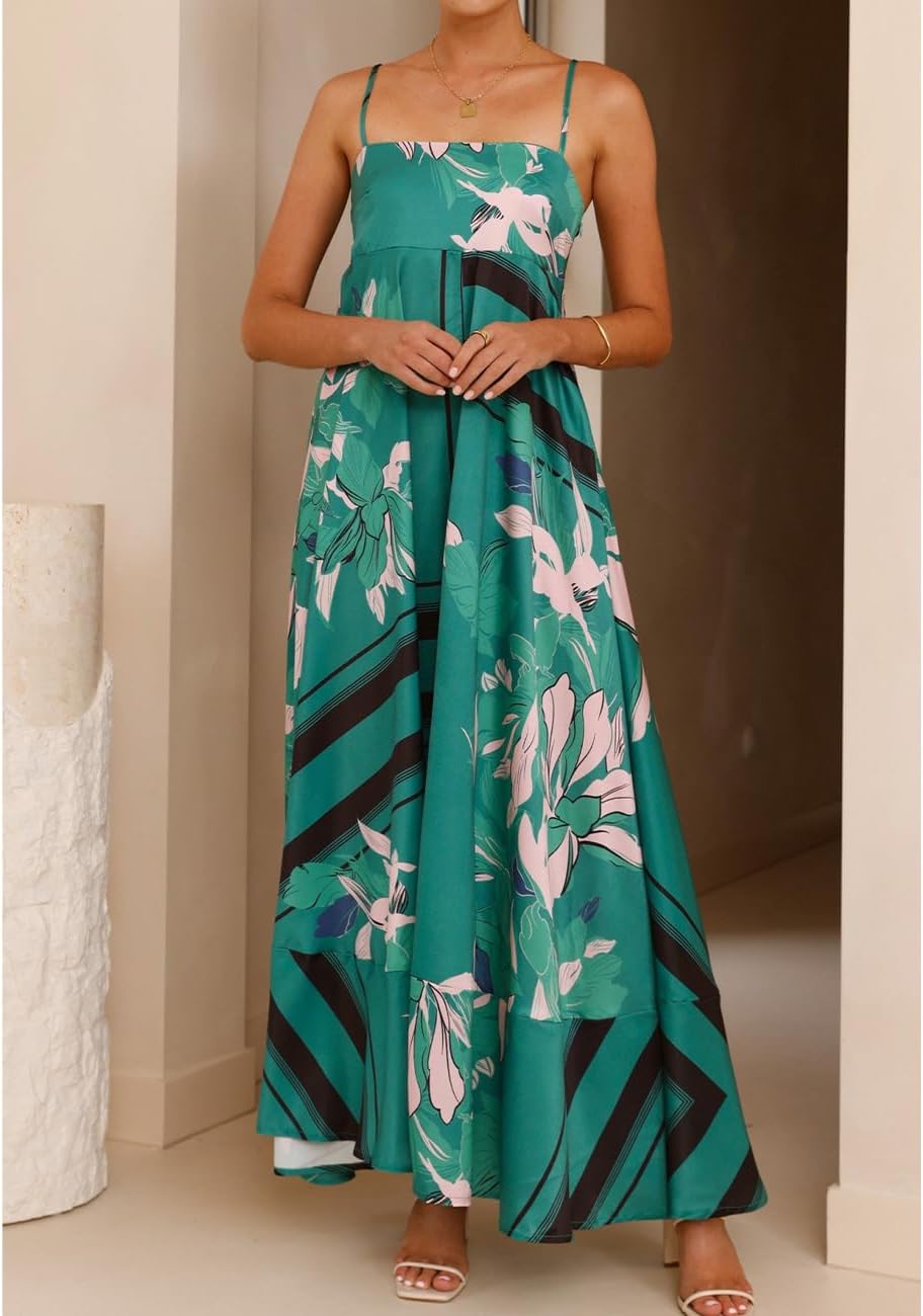 Women Summer Beach Boho Spaghetti Strap Smocked Floral Maxi Dress Casual Loose Flowy A Line Print Long Dress - Image 4