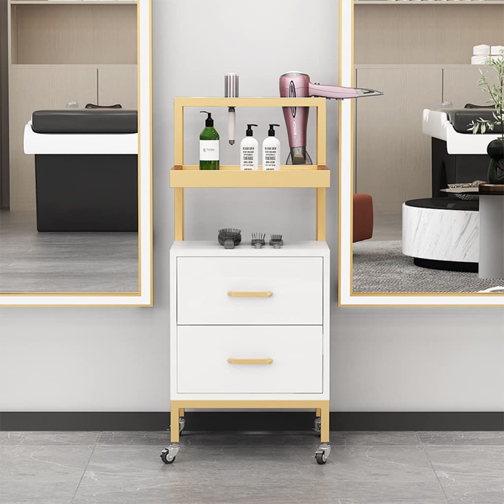 Carrello portautensili professionale per parrucchieri, con 2 cassetti, con guardrail rialzato, carrello per salone di bellezza (oro + nero)