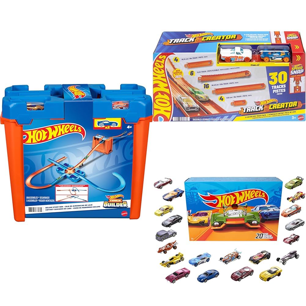 Bundle of Hot Wheels Deluxe Stunt Box with 25 Parts & Vehicle + Hot Wheels Track Creator Deluxe Pack, 25 Feet of Track & Connectors + Set of 20 Vehicles (Styles May Vary) (Amazon Exclusive)