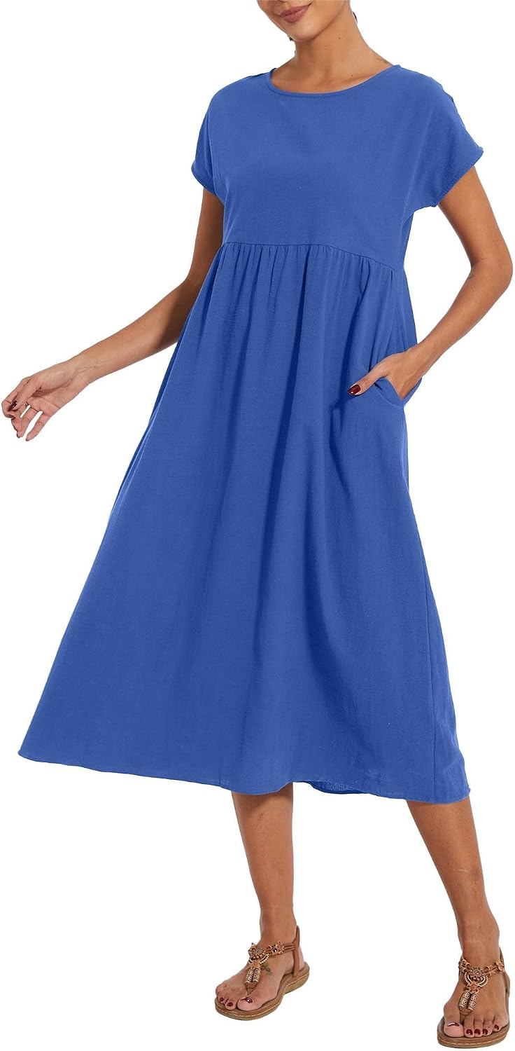 ZOCAVIA Cotton Dresses for Women 2025 Summer Short Sleeve Midi Dress Casual Loose Swing Beach Dress with Pockets