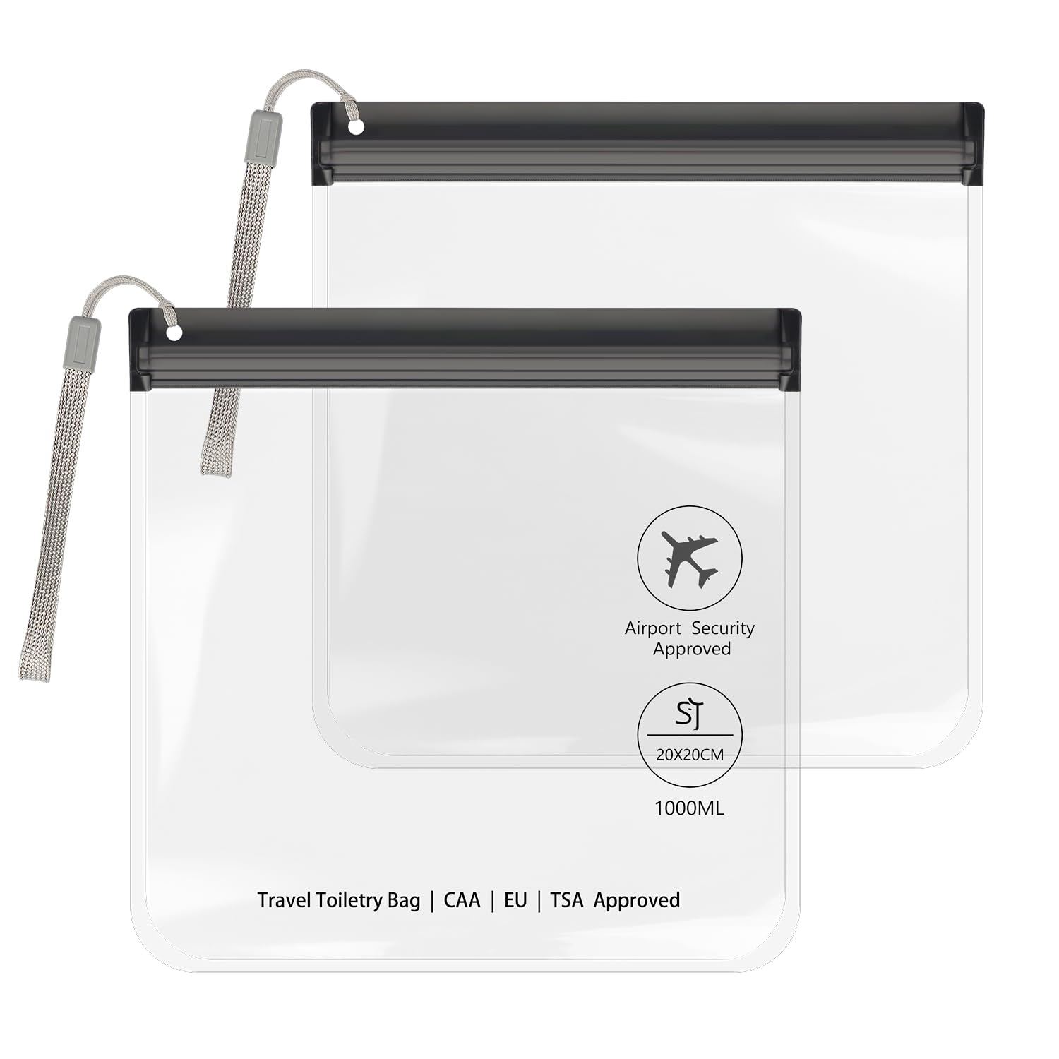 SLIJAR 2 Stück Transparent Kulturtasche mit Lanyard,Flugzeug Beutel Flüssigkeiten 20 x 20 cm,1 Liter Beutel Flugzeug Kulturbeutel,Reise Kosmetiktasche Reisegrößen Waschtasche für Damen & Herren
