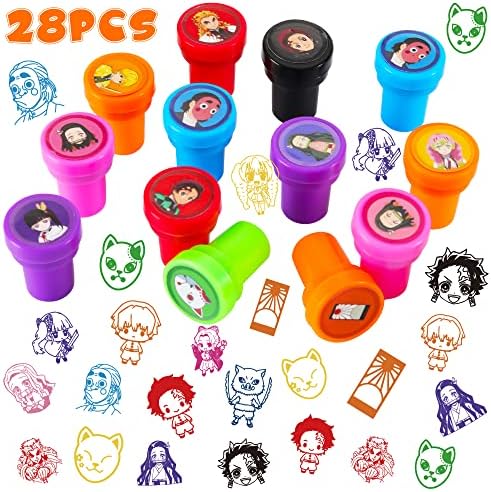 Demon Anime Slayer Themed Party Stamps for Kids, 28Pcs Cartoon Self-Inking Stampers Birthday Party Supplies Favor Gifts for Boys Girls Treat Bag Goody Bag Stuffers for Classroom Rewards Prizes
