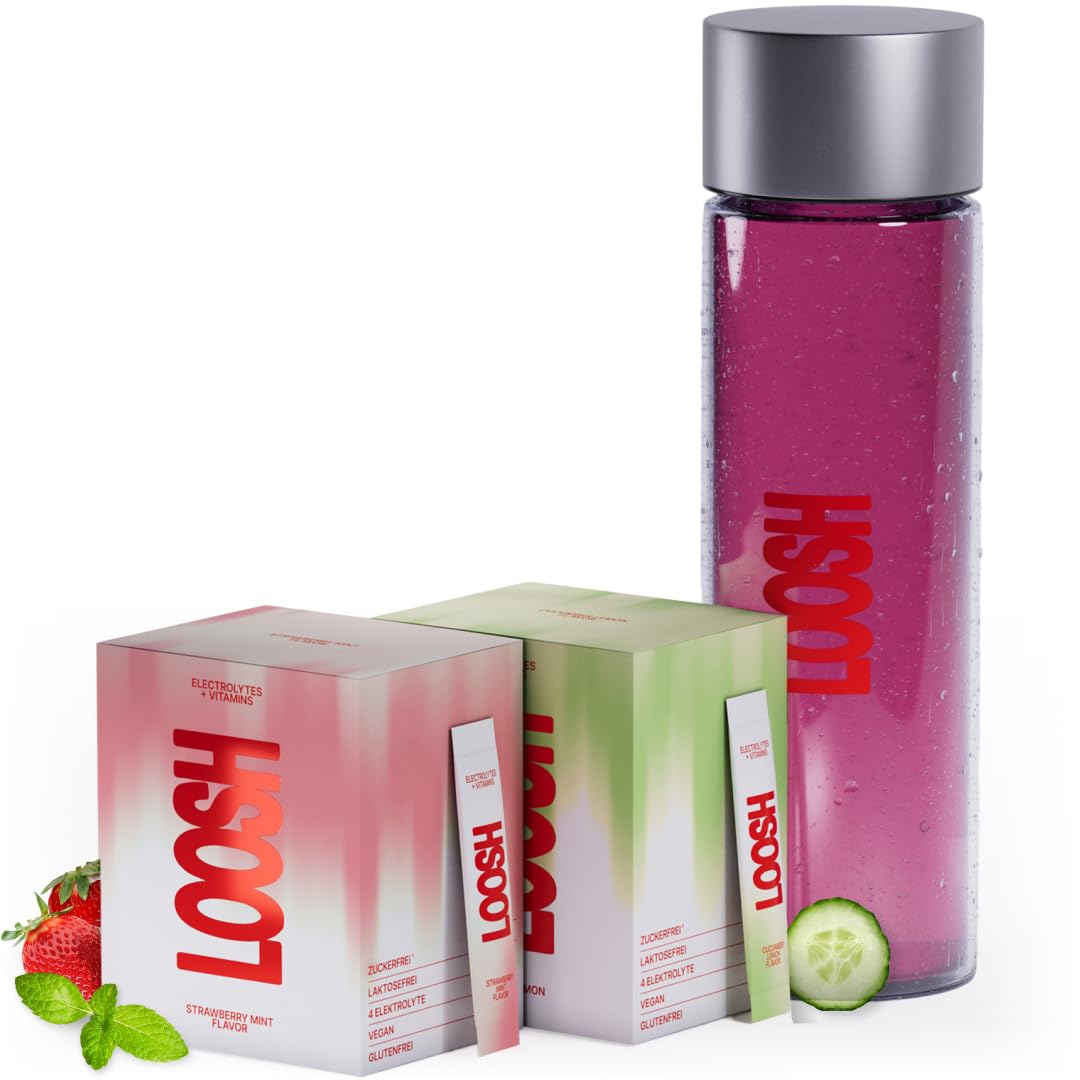 LOOSH Starter Set Hydration Deluxe | 2x30 Core Hydration Elektrolyte Sticks (Erdbeer Minze & Gurke Zitrone) + 900ml Tritan™ Trinkflasche | Elektrolyte ohne Zucker mit Kalium, Magnesium & Vitamin C