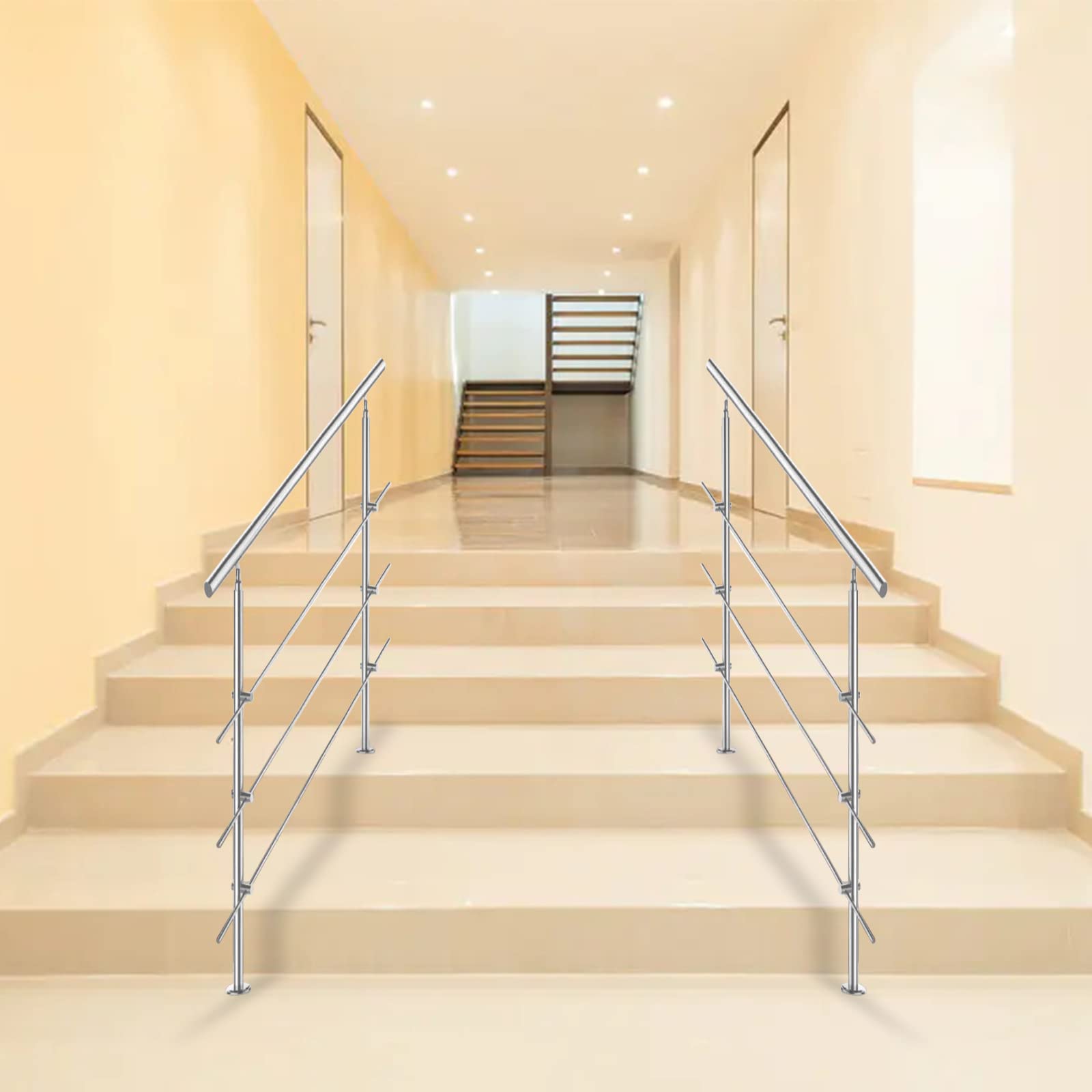 Herrselsam Pasamanos de acero inoxidable exterior 100 cm, barandilla para escaleras interior y exterior, barandilla con 3 travesaños, barandilla para escaleras, parapetos, balcón