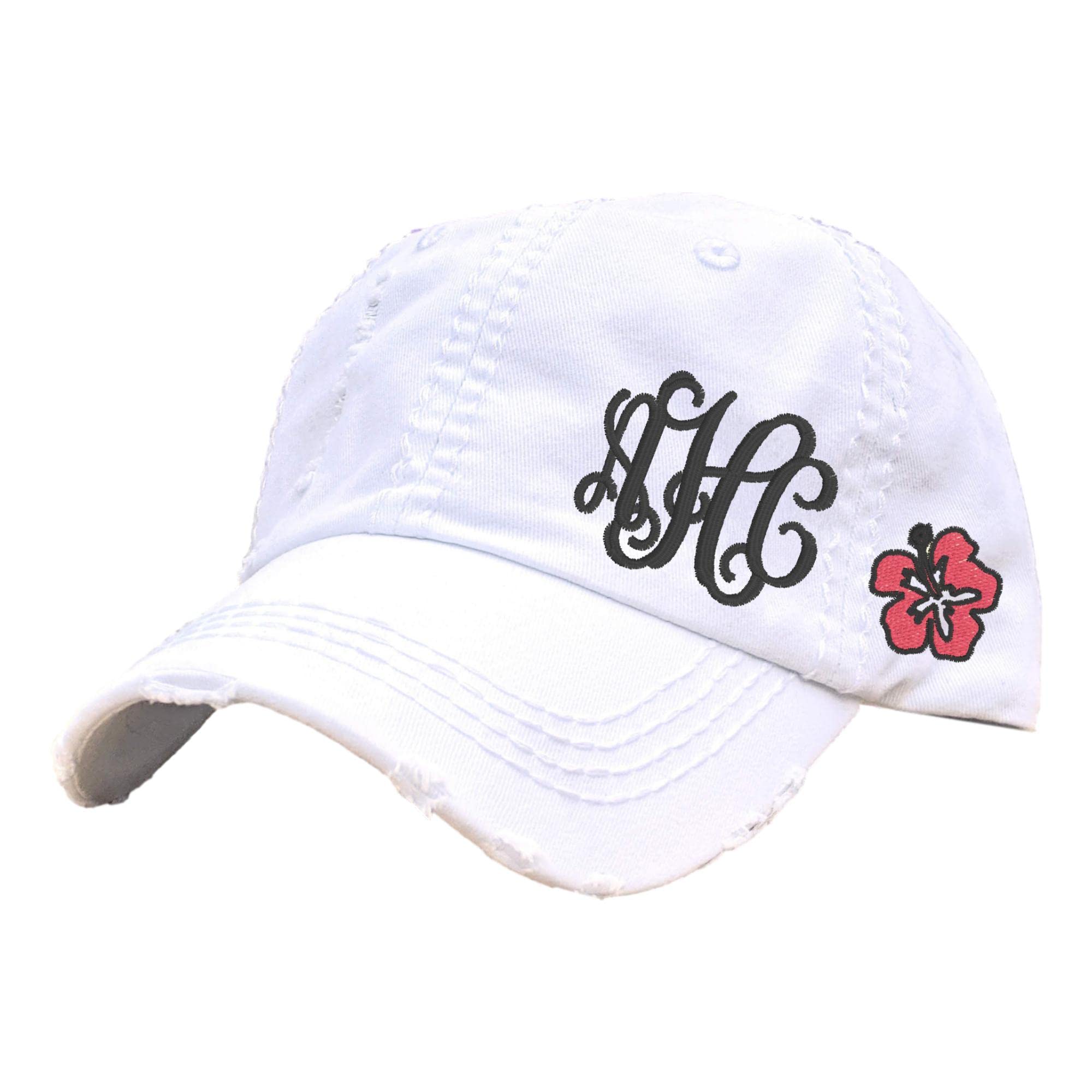 Women's Custom Monogrammed Hibiscus Flower Initials Hat, Baseball or High Ponytail Cap, Handmade Beach Boating Ocean Cruise Yacht Gift, Hawaii Maui Caribbean Cabo Cancun, Present for Her Wife Friend