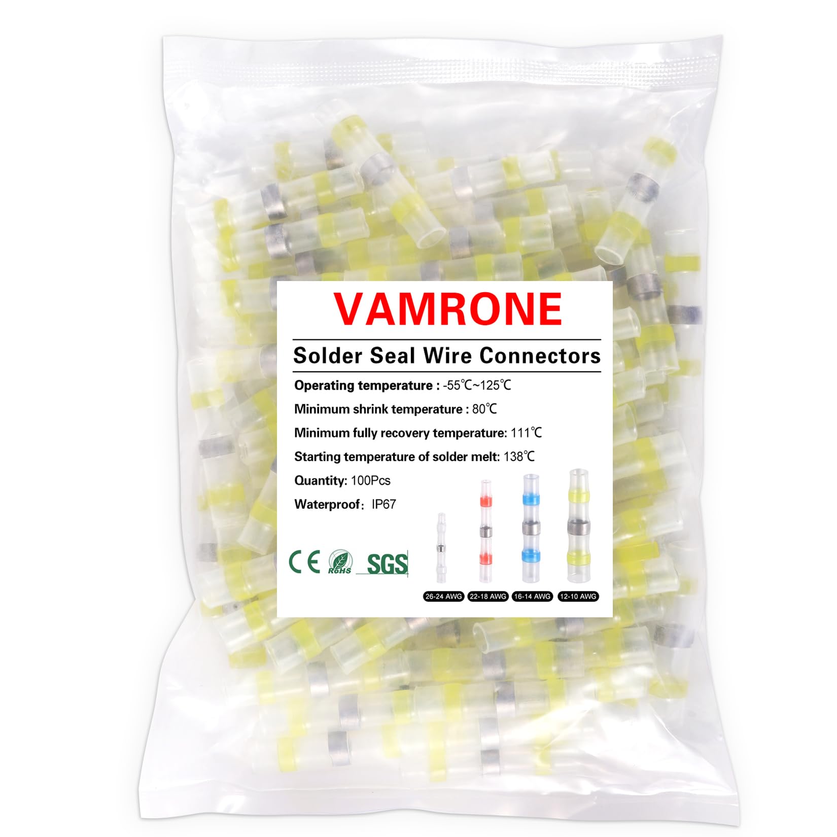100 connettori gialli impermeabili per saldatura, 12-10 AWG, connettori termorestringenti per saldatura, connettori per giunzione di cavi per barche marine