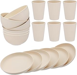 ﻿18PCS Wheat Straw Dinnerware Sets Unbreakable Dinnerwares Sets Reusable Cups Plates and Bowls Sets Microwave Dinnerware Sets for Kitchen Travel Camping ﻿