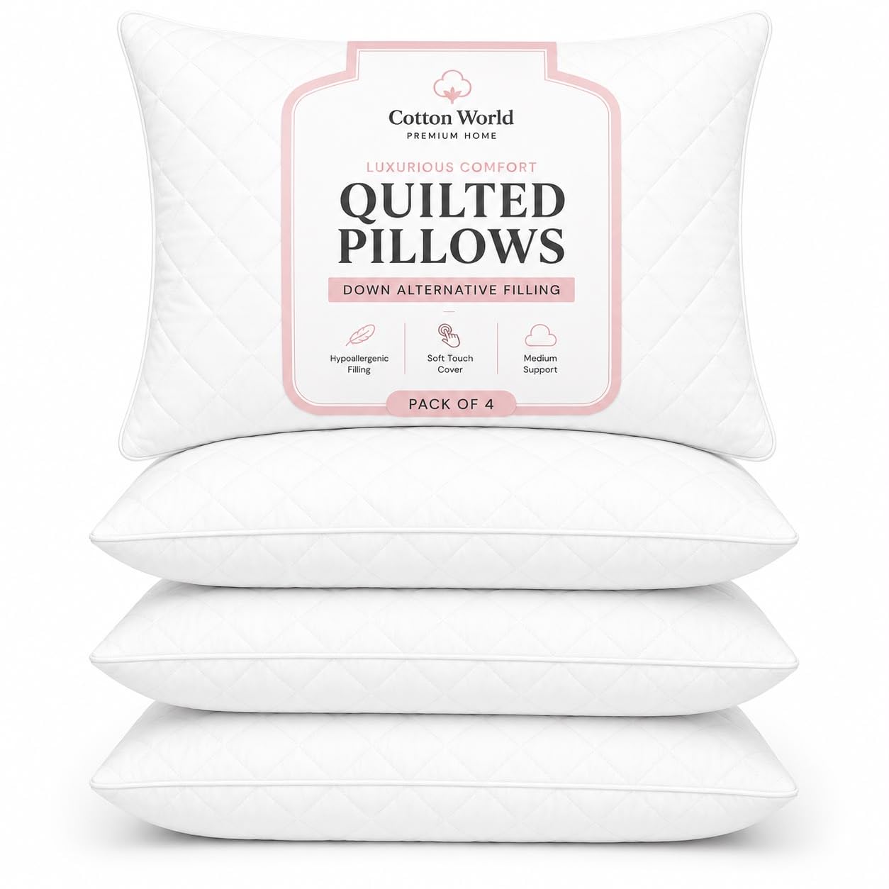 Pillows for Sleeping (4 Pack) Luxury Quilted Pillow Soft Hollowfibre Filling Hotel Quality Diamond Stiched White Bounce Back Standard Bed Pillows for Back, Stomach & Side Sleepers - 50cm x 75cm
