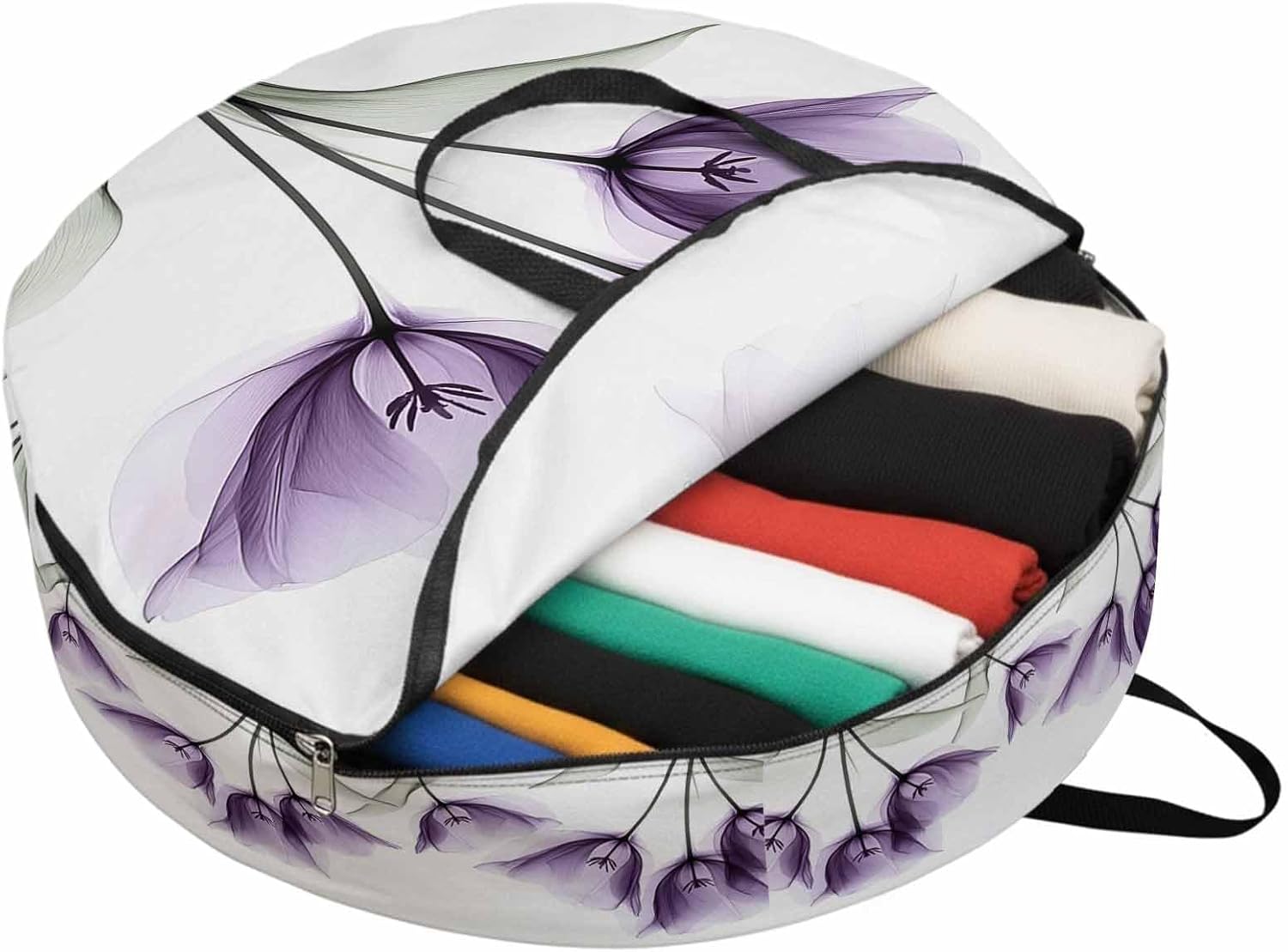 Retro Spring Round Storage Bag 36 Inch, Purple Tulip Flower Leaf Floral Clothes Storage Container with Handles Heavy Duty Organizer for Comforter, Bedding & Holiday Wreaths