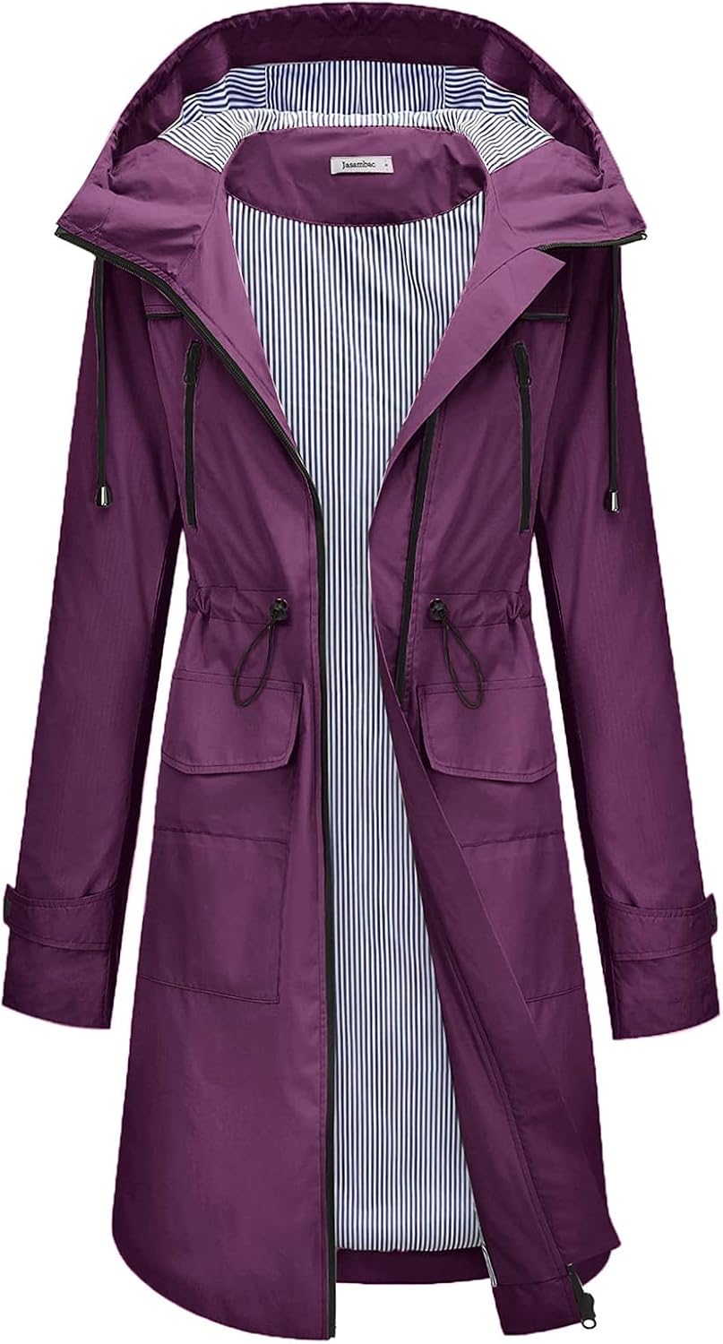 JASAMBAC Womens Long Raincoats Waterproof with Hood Windbreaker Outwear Rain Jacket Trench Coat