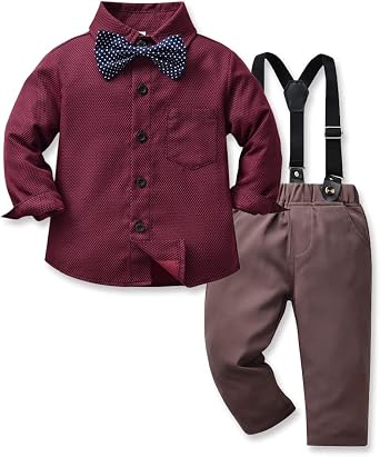 Baby Boy Gentleman Outfit Long Sleeve Shirt with Bowtie Suspender Pants Casual Suit