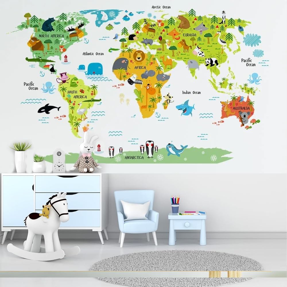 AMERTEER Wall Decals, Removable World Map Wall Stickers, PVC Cartoon Wall Mural for Kids Nursery Playroom Bedroom Classroom Kindergarten Wall Decor (World Map)