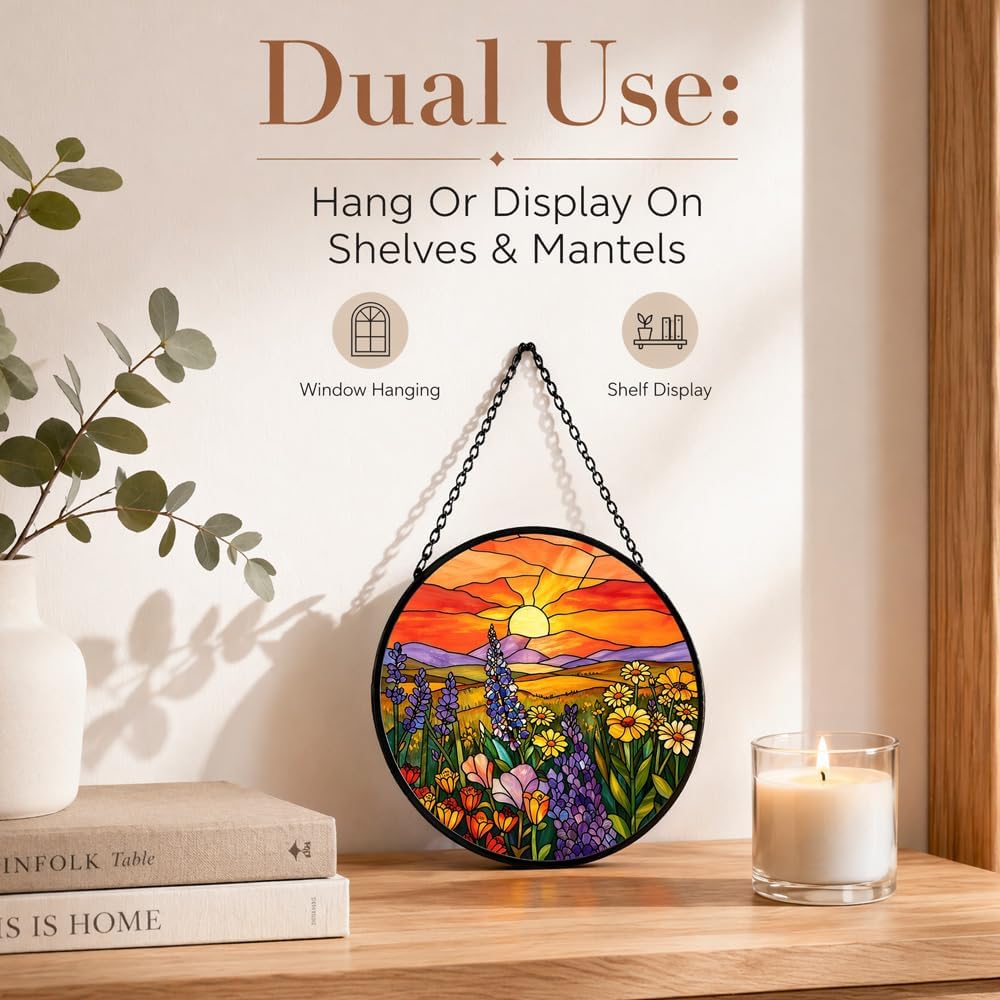 Stained Glass Sun Catcher Colorful Wildflower Sunset Garden Window Hanging