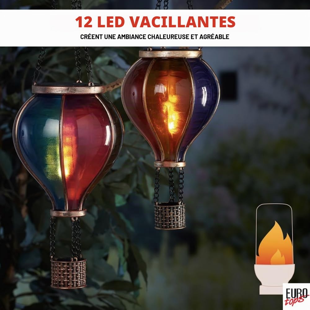 EUROtops Montgolfière solaire - Couleurs vives, 12 / 20 / 40 LED vacillantes, plastique résistant aux intempéries, décoration extérieure / éclairage LED à suspendre pour jardin et balcon (Duo (lot de