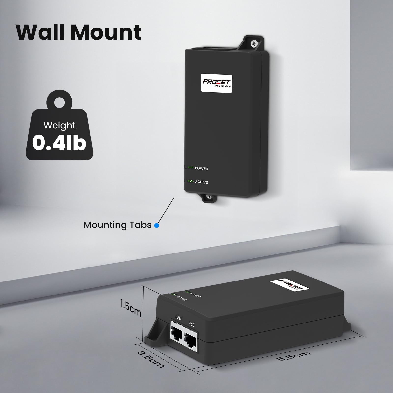 PROCET Zasilacz PoE 5 Gigabit 55V 30W, zgodny ze standardem IEEE802.3AT, zasilacz PoE+ do urządzeń eero PoE 6/7, UniFi U7 Pro, U6 Enterprise,Cisco Wireless AP, G5/G6 Pro AI Turret kamer IP