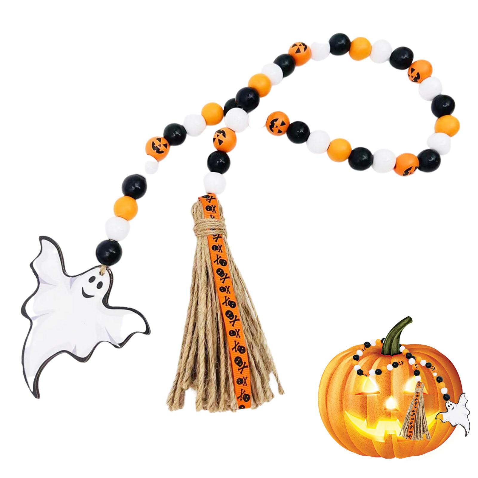 5 Pcs Wood Bead Garland Halloween Decor - Halloween Ghost Wooden Bead Garland Tiered Tray Decor,Ghost Patterned Halloween Thanksgiving Party Supplies Yyss