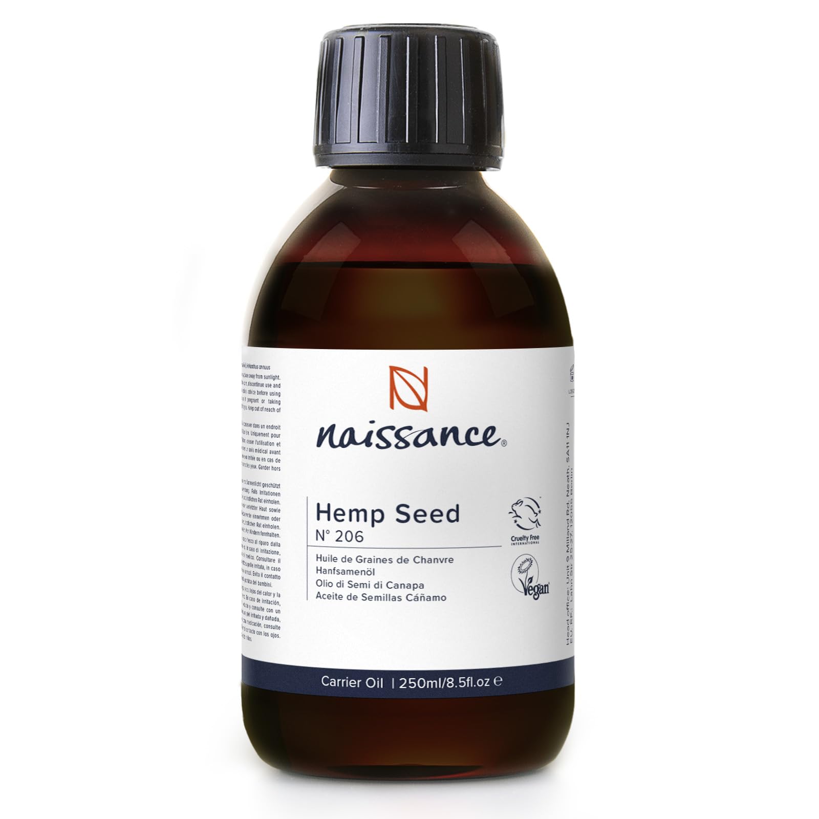 Naissance Cold Pressed Hemp Seed Oil (No. 206) - 225ml - Natural Moisturiser for Skin, Face, Beard, Nails, Hair, Body, Scalp