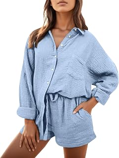 QWUVEDS Women's Two Piece Outfits Shirt Sets, Long Sleeve Oversized Button Down Shirts and Shorts, Two Piece Summer and Autumn Tracksuit Complete Fitness Set
