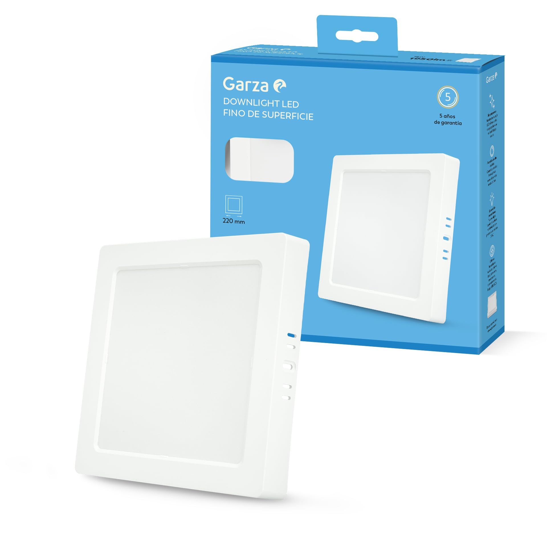 Garza - Downlight LED Surface, Square, Ceiling Light, 22 cm, 18W, 6500K Cold Light, 1950lm, 30,000h, IP20, White, Energy Saving 80%