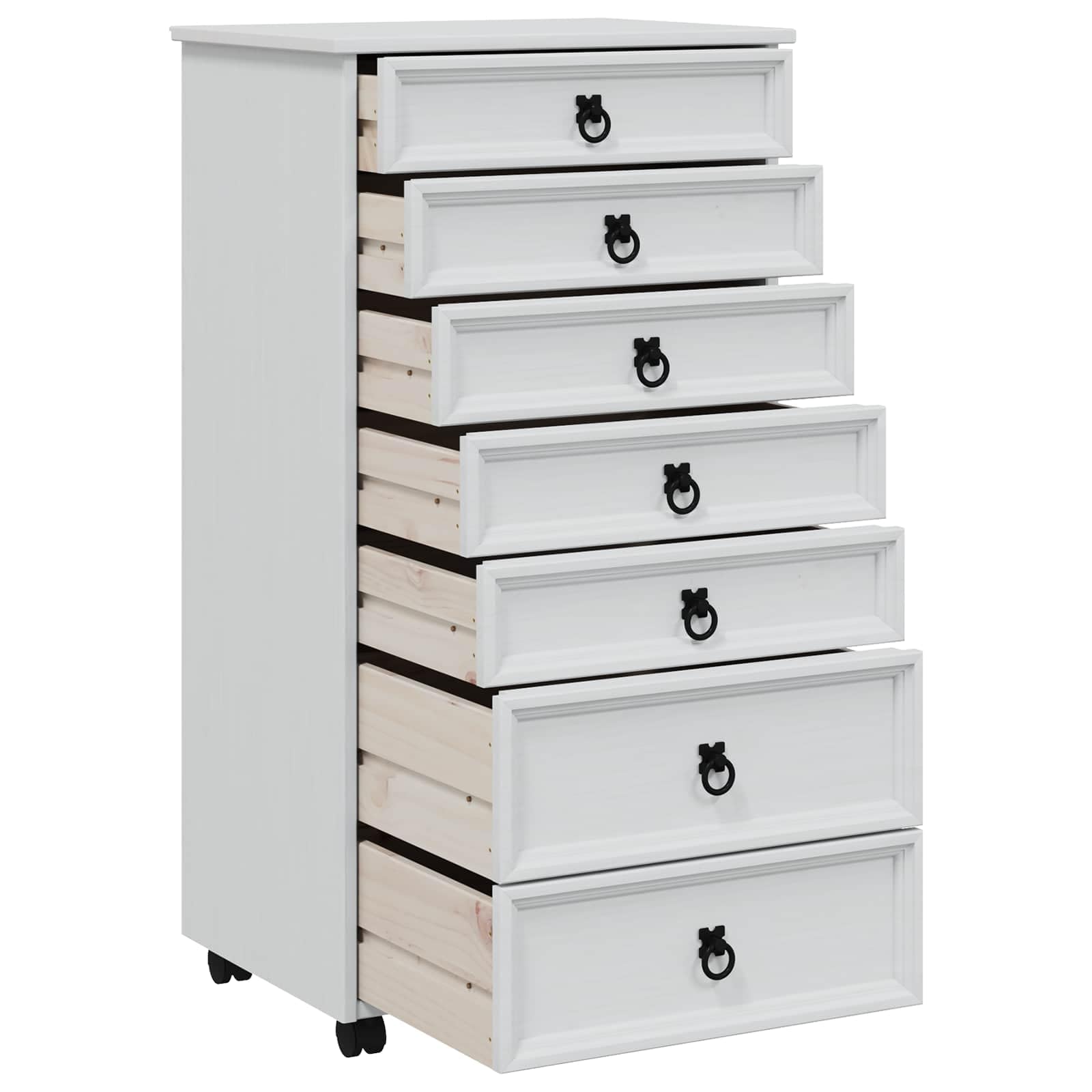 Contenedor con cajones con ruedas, color blanco, madera de pino, 5