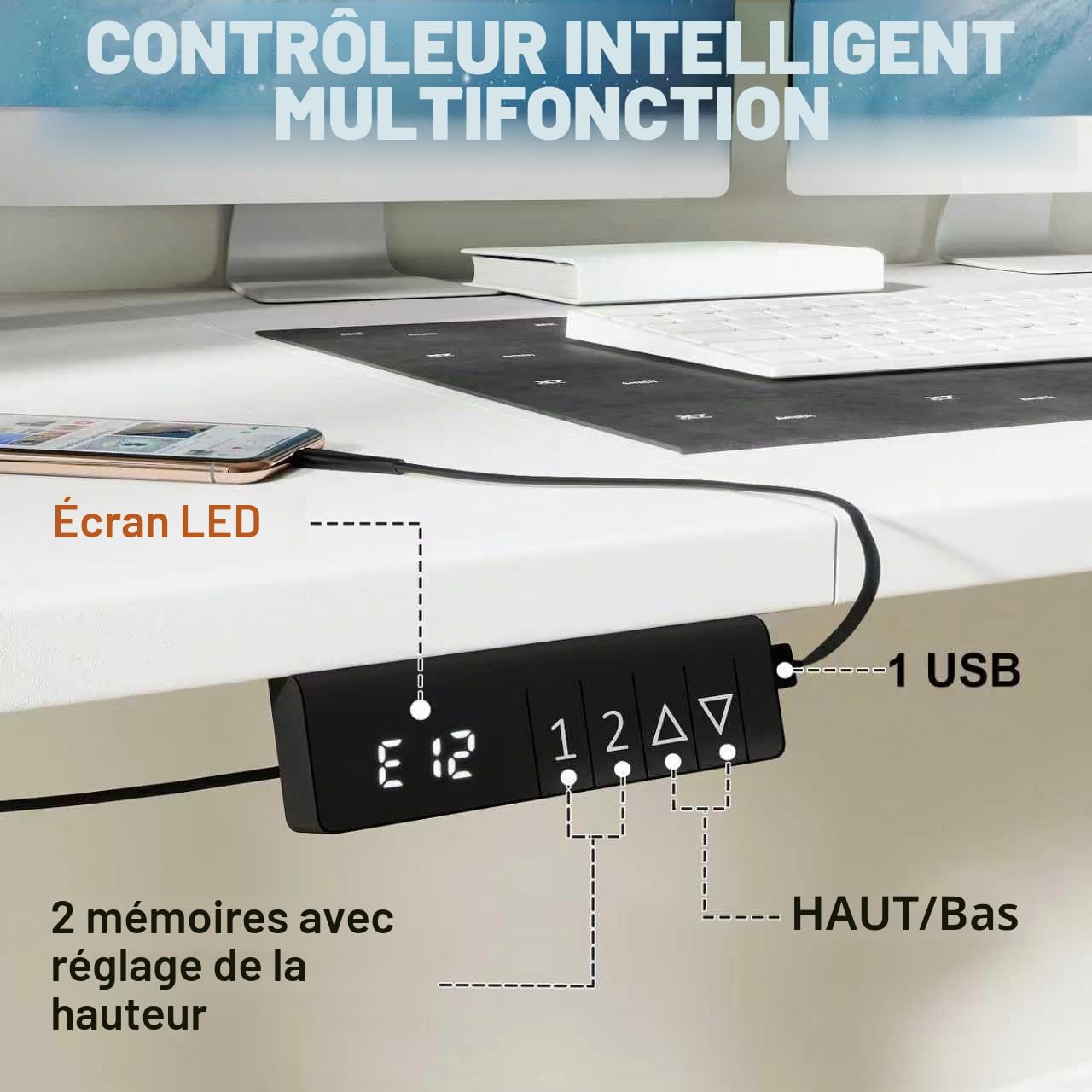 Bureau Électrique Réglable en Hauteur, 160 x 80cm, Bureau Assis Debout avec Mémoire Contrôle et Port USB, Bureau Ergonomique, Panneau Intelligent, avec Crochet et Sac de Rangement, Blanc