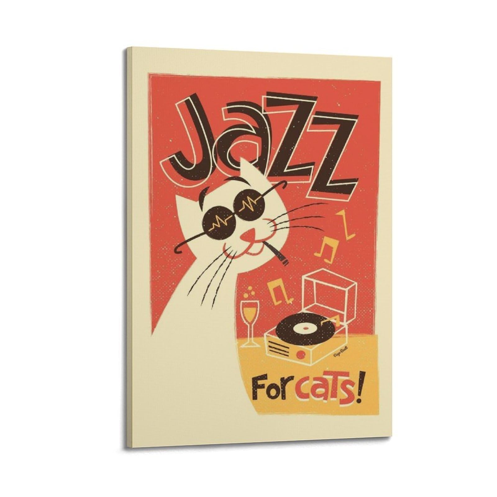 Kot jazzowy z płytą winylową retro plakat sztuka ścienna, kapryśny wystrój do salonu i gabinetu plakat dekoracyjny obraz płótno plakaty ścienne i artystyczny obraz druk nowoczesny rodzinny sypialnia