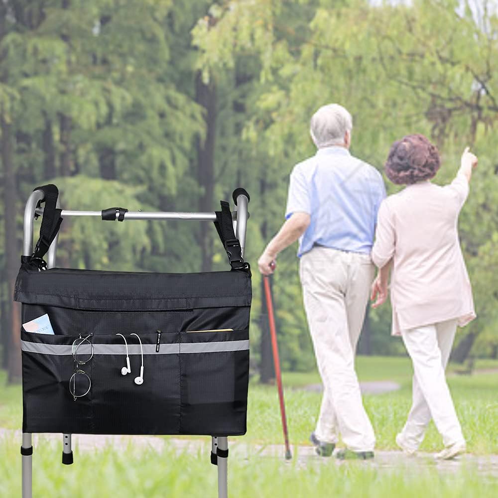 supregear Wheelchair Bag, Wheelchair Accessory Bag Large Capacity Pouch with Secure Reflective Strip, Anti-Scratch Oxford Bag Perfect for Any Style Walker Rollator Wheelchair Transport Chair, Black : Health & Household