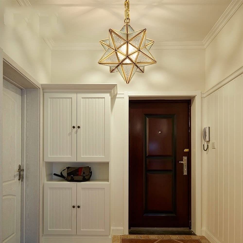 Lámpara Colgante de 15 Pulgadas con Pantalla de Vidrio Esmerilado en Forma de Estrella posmoderna, lámpara de araña Colgante para Cocina, iluminación Colgante Totalmente de Cobre para Sala d