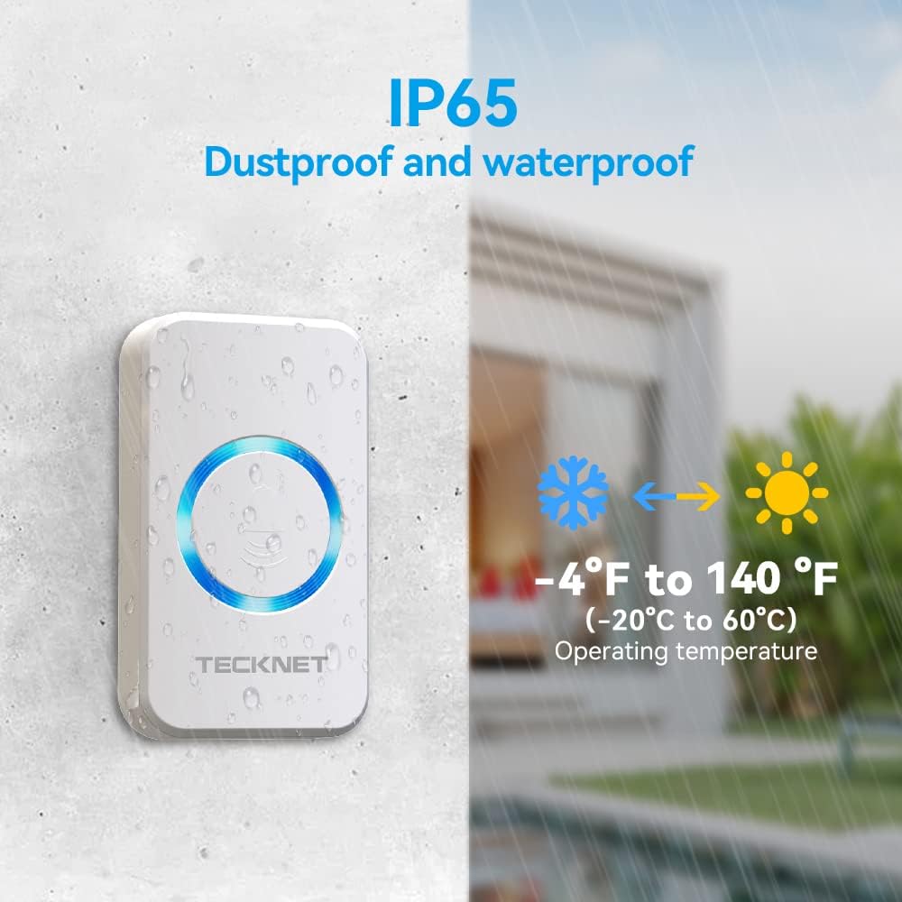 TECKNET Wireless Doorbell for Home, IP65 Waterproof Door Bell 1,300ft Range 110dB Plug in Doorbell Kit for Classroom Doorbell Battery Powered with 38 Chimes & 5 Volume Levels, LED Flashing (White)