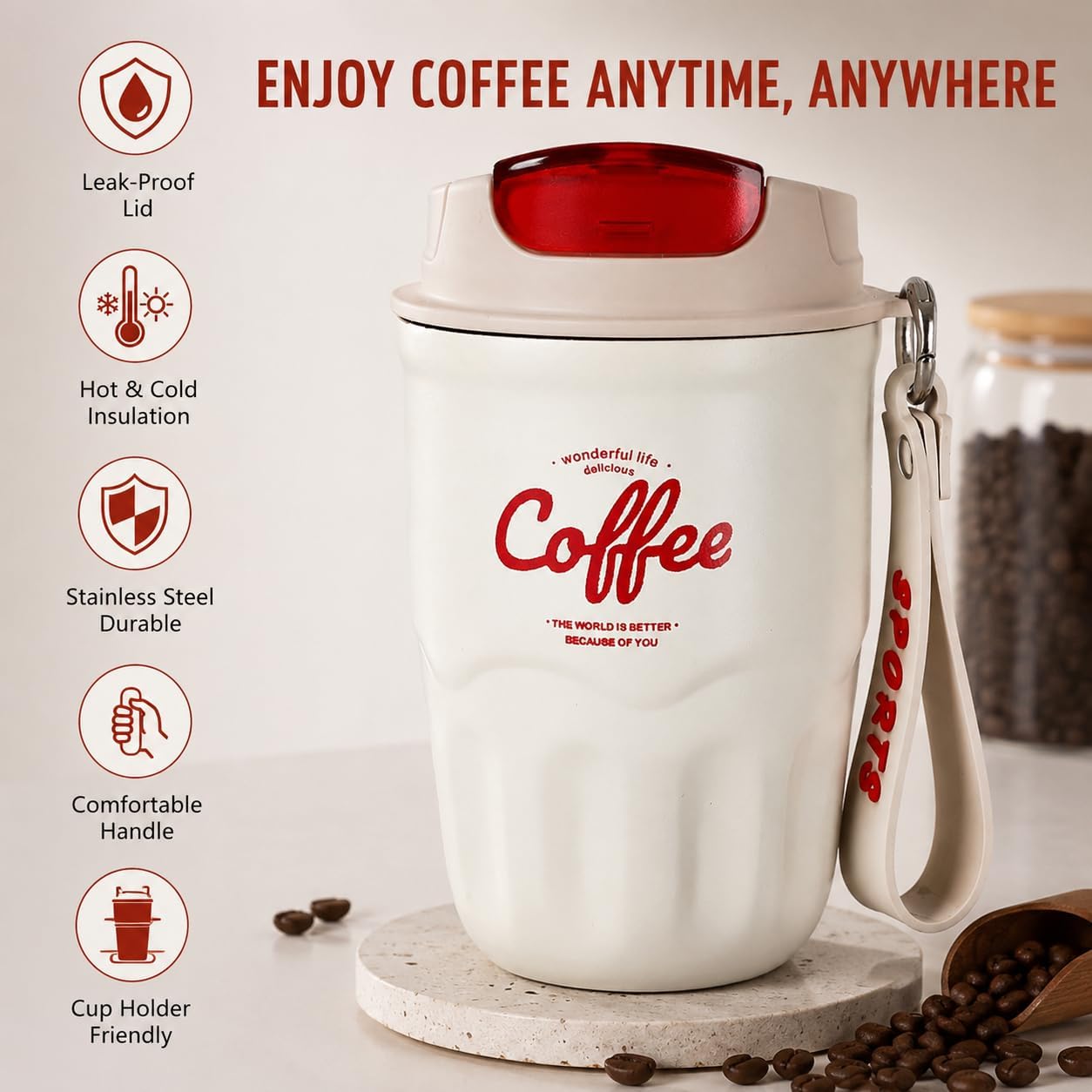 Gobelet isotherme pour café avec couvercle et poignée - Tasse de voyage portable en acier inoxydable 316 - Double paroi pour boissons chaudes et froides (rouge, affichage de la température)