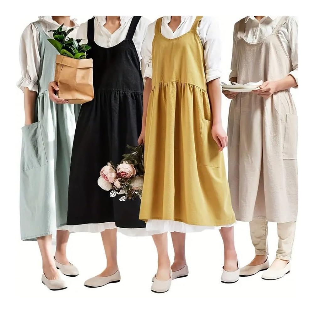 Grembiuli in lino retrò giapponese per le donne con tasche incrociate sul retro carino grembiule vestito per giardinaggio pittura cottura e cottura