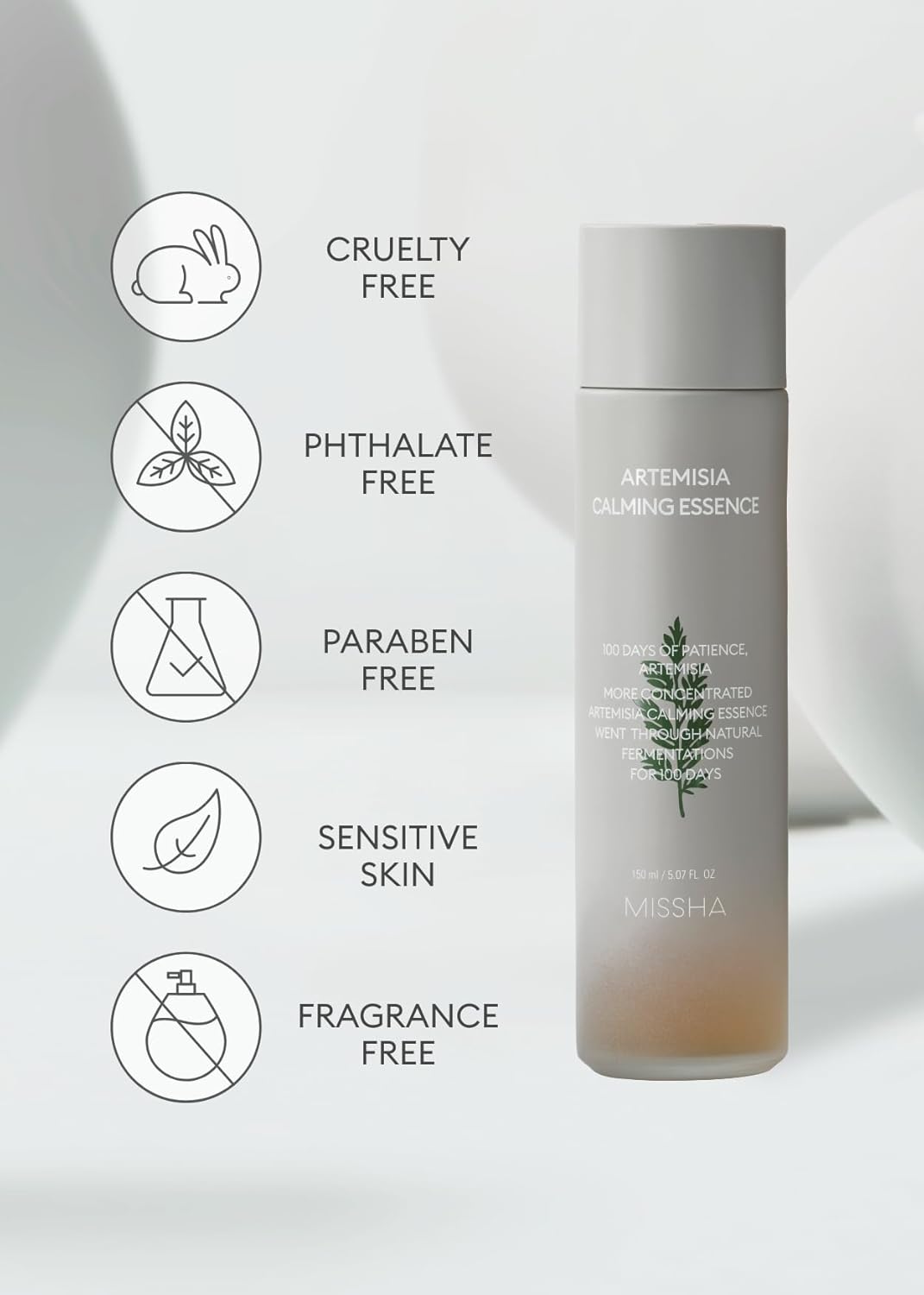 MISSHA Artemisia Calming Essence 5.07 Fl oz / 150ml - 100% Artemisia Annua Extract Facial Toner for Sensitive Skin, Korean Toner with Double-Fermented Mugwort, Soothes Redness & Acne