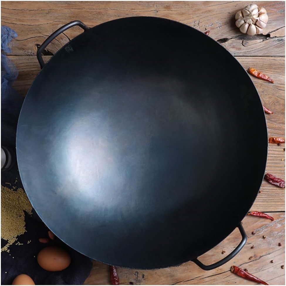 22-Inch Traditional Hand-Hammered Cast Iron Wok - Heavy-Duty Chef's Pot for High-Capacity Meals, Non-Rust, Ideal for Family Cooking & Outdoor Use (50cm)
