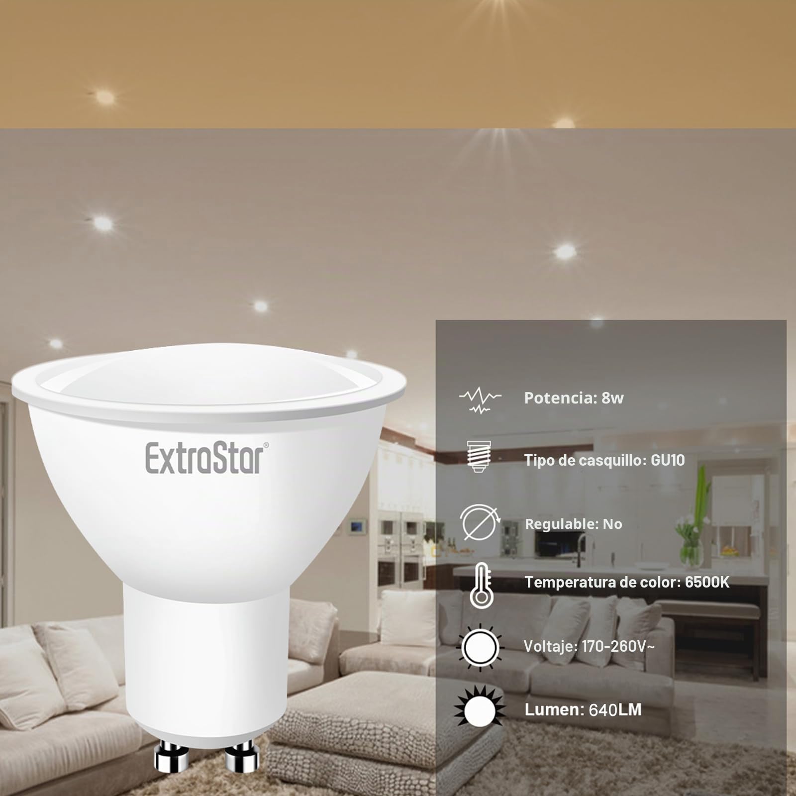 EXTRASTAR Bombilla LED GU10, 8W, 3000K 640 lúmenes Luz Blanca Cálida 64W (Paquete de 5)