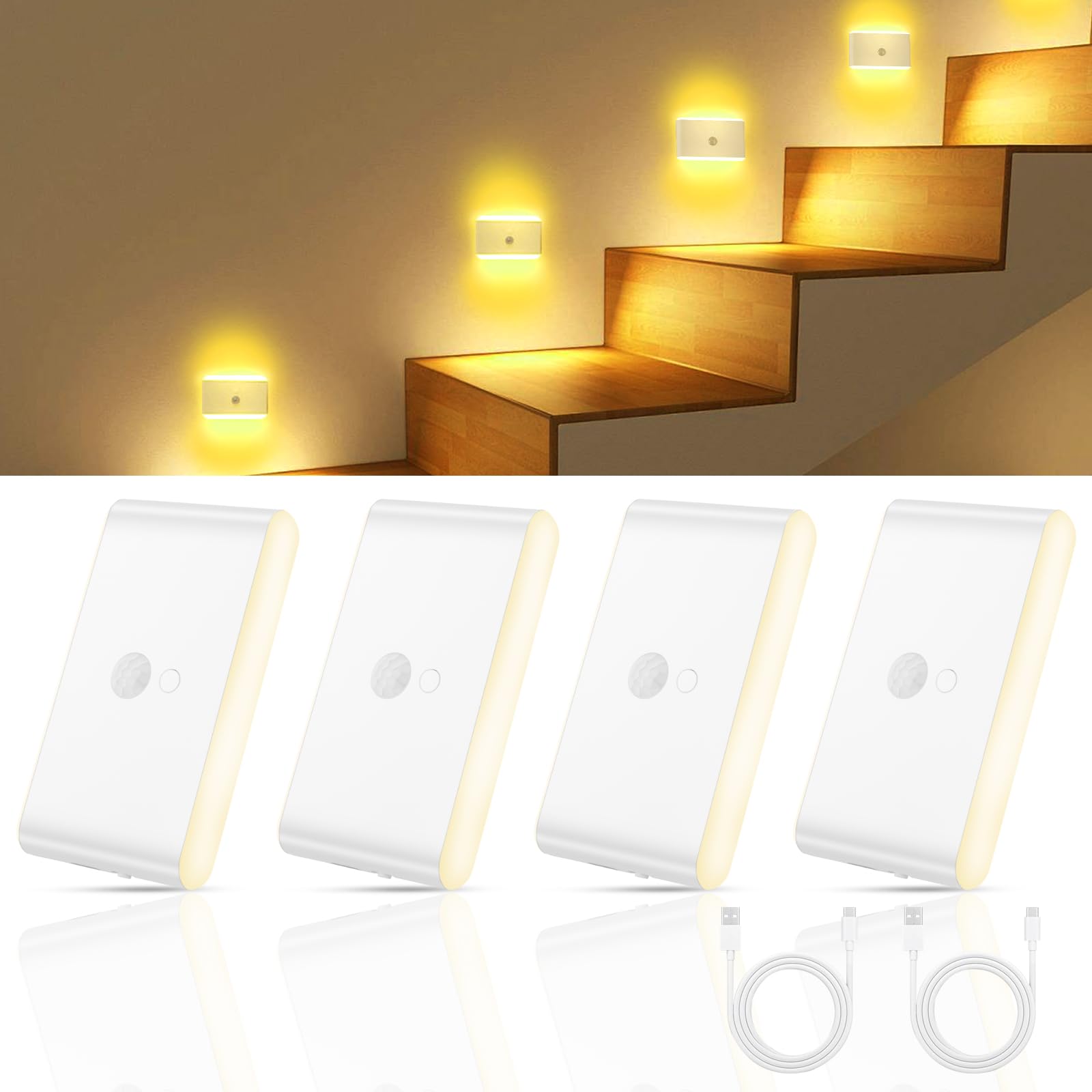 HOTUT Motion Sensor Night Light, 4 Pack Rechargeable Night Light Stick on Wall(Auto/On/Off), Warm White + RGB Color, Magnetic Stick on Lights for Wardrobe, Hallway, Stairs, Bedroom