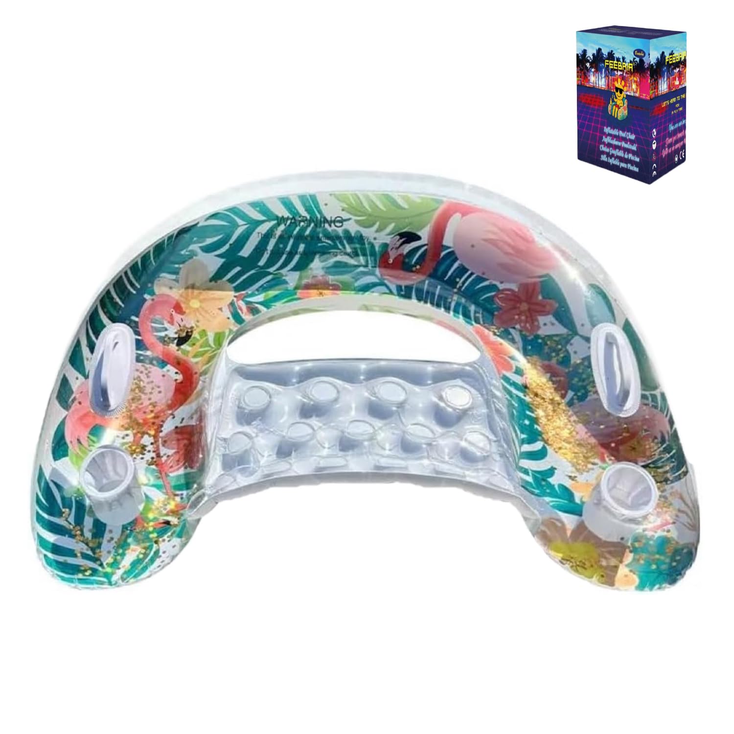 Inflatable Pool Float Lounger with Backrest & Cupholders, Flamingo Tropical Leaves Floating Chair for Adults, Heavy Duty Lake Floaties with Handles, Summer Water Fun Relaxation Party Supplies