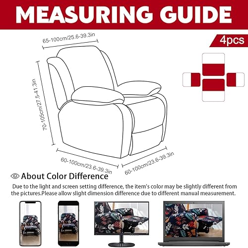 Miniatura 4 de Juego de 4 fundas para sillón reclinable de alta elasticidad, funda suave para sofá de 1 asiento, funda estampada para silla reclinable con bolsillo