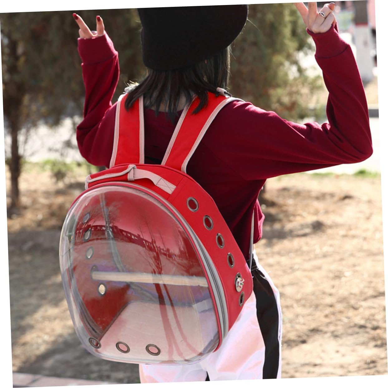 Mipcase Portable Parrot Backpack Carrier Breathable Pet Travel Bag with Transparent Window and Wooden Bar for Outdoor Use for Birds Red