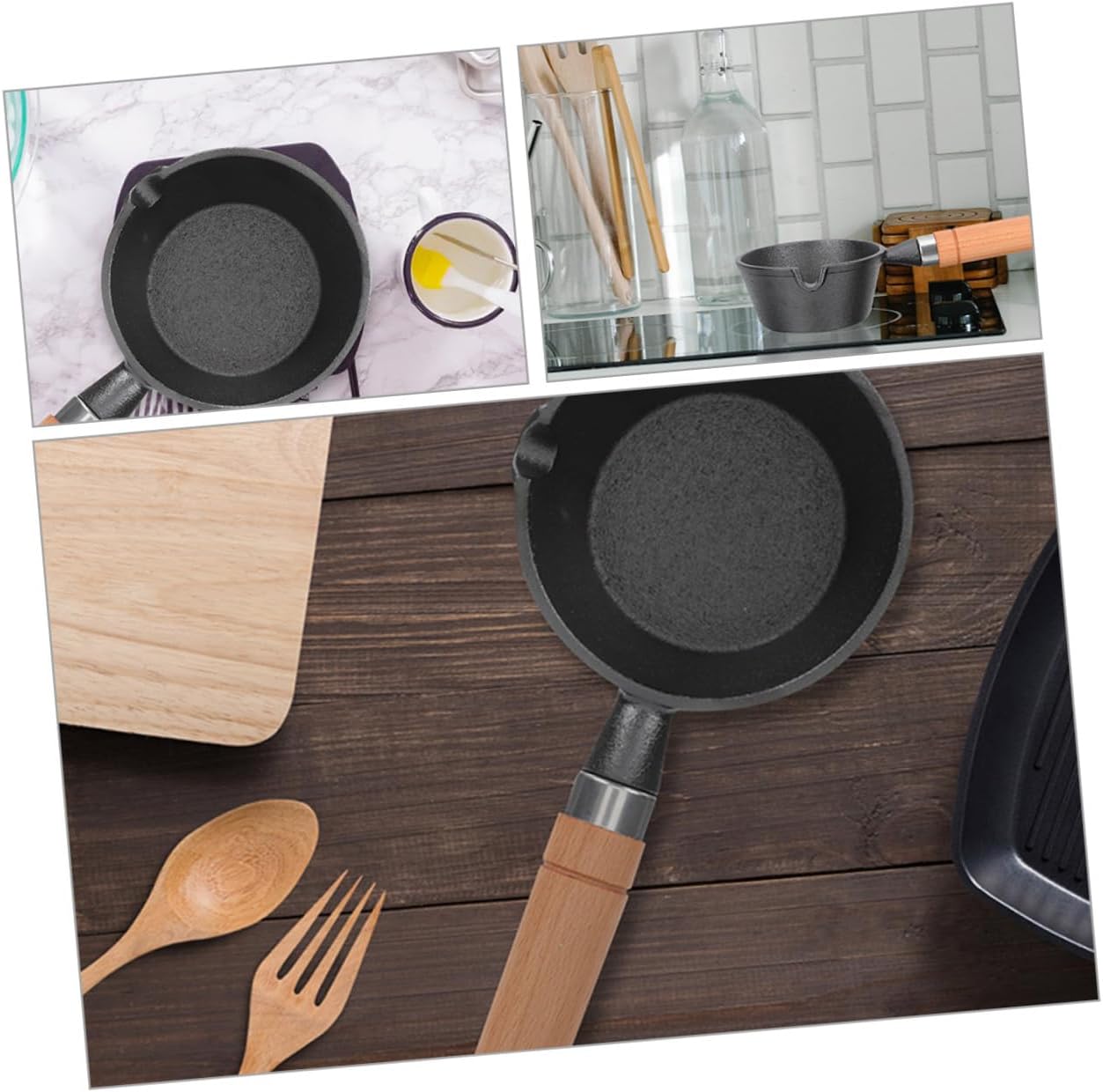 SECFOU 2pcs Mini Wok Iron Pot for Pouring Oil Compact Frying Pan Saucepan Lid Kitchen Pot