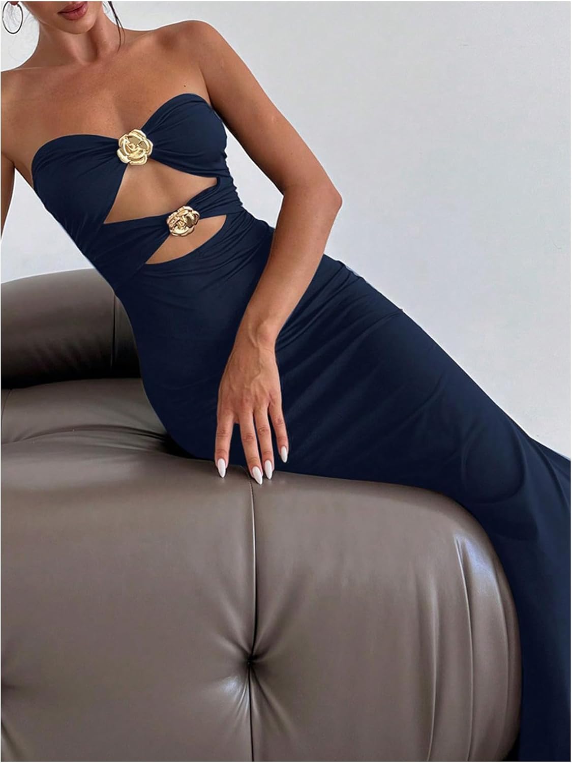 Milumia Women's Metal Decor Cut Out Strapless Bodycon Maxi Dress Fishtail Tube Top Dresses Party Cocktail - Image 6