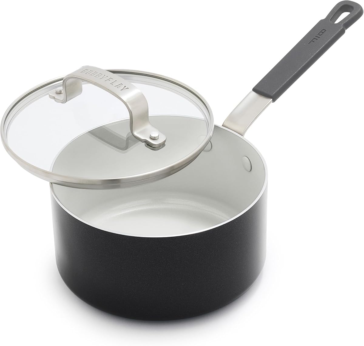 Cacerola antiadherente de cerámica GreenPan x Bobby Flay de 1,67 cuartos de galón con tapa, grafito | Sartén de chef antiadherente de cerámica de diamante sin PFAS, mango de silicona, compatible con inducción y todas las estufas, apta para lavavajillas y horno