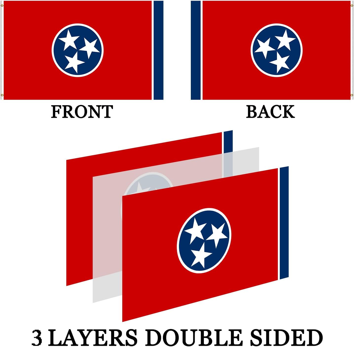 TN Tennessee State Flag 3x5 Outdoor Double Sided- 3Ply 240D 4 Rows Stitched- TN State Flag Of Tennessee- UV Fade Resistant With Canvas Header & 2 Brass Grommets- Double Sided Tennessee Sates Flags 3x5