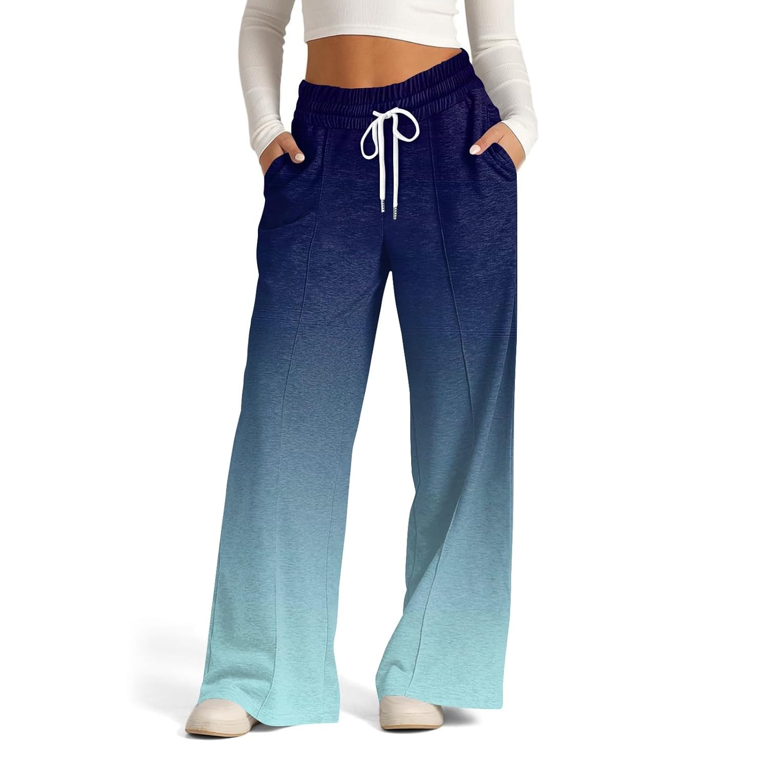 Womens Solid Color Sweatpants Flowy Wide Leg Drawstring Casual Jogger Pants High Waist Gradient Sports Pants